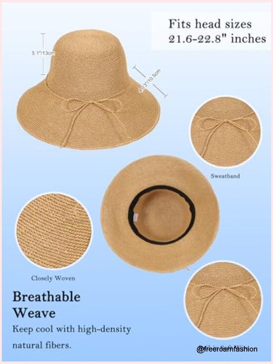 Straw Bucket Sun Hat Wide Brim Packable UV Protection UPF 50+ Travel Beach main image 7
